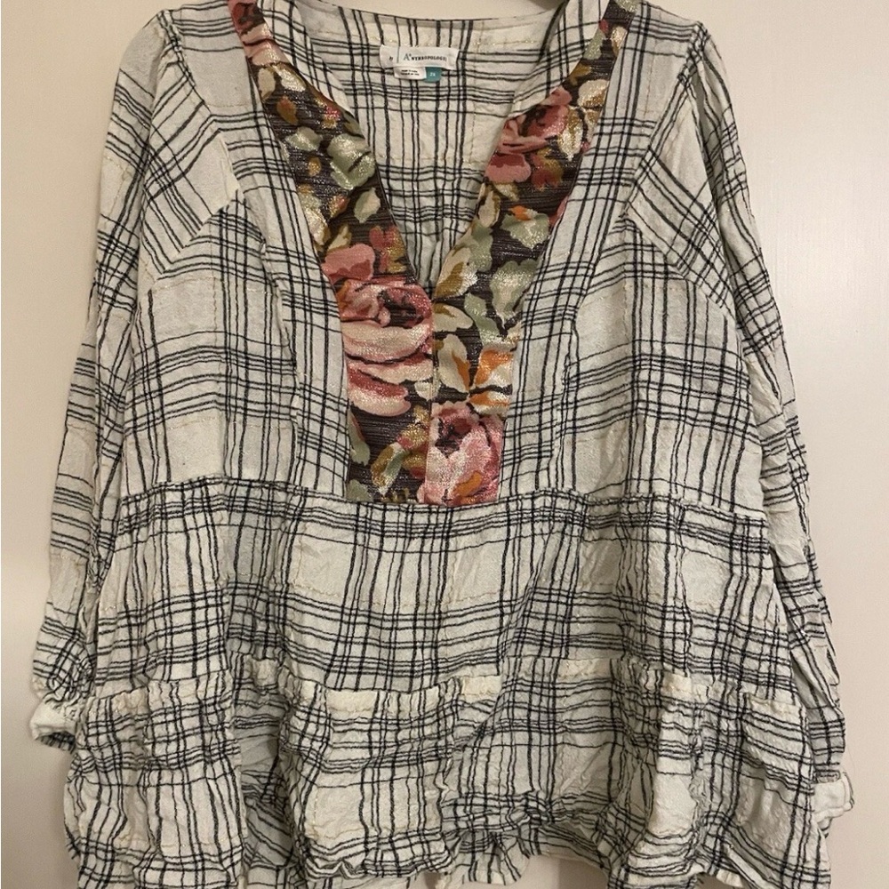 Anthropologie Cream and Black Plaid Blouse with Floral V-Neck Trim